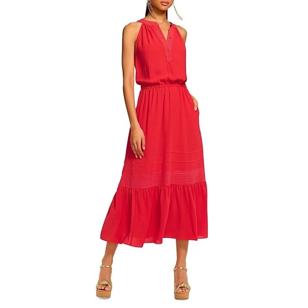 Ramy Brook Carmen Flame Red Sleeveless Tiered Midi Dress Elastic Waist Medium